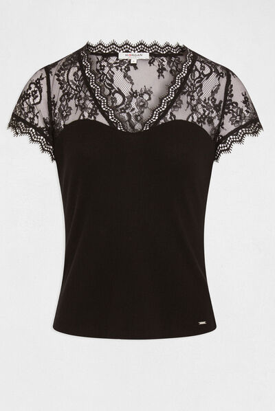 T-shirt manches courtes à dentelle noir femme