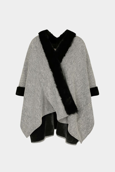 Cape avec détails imitation fourrure ecru femme