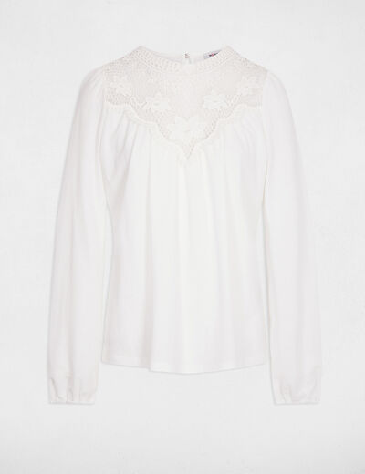 T-shirt dentelle manches longues blanc femme
