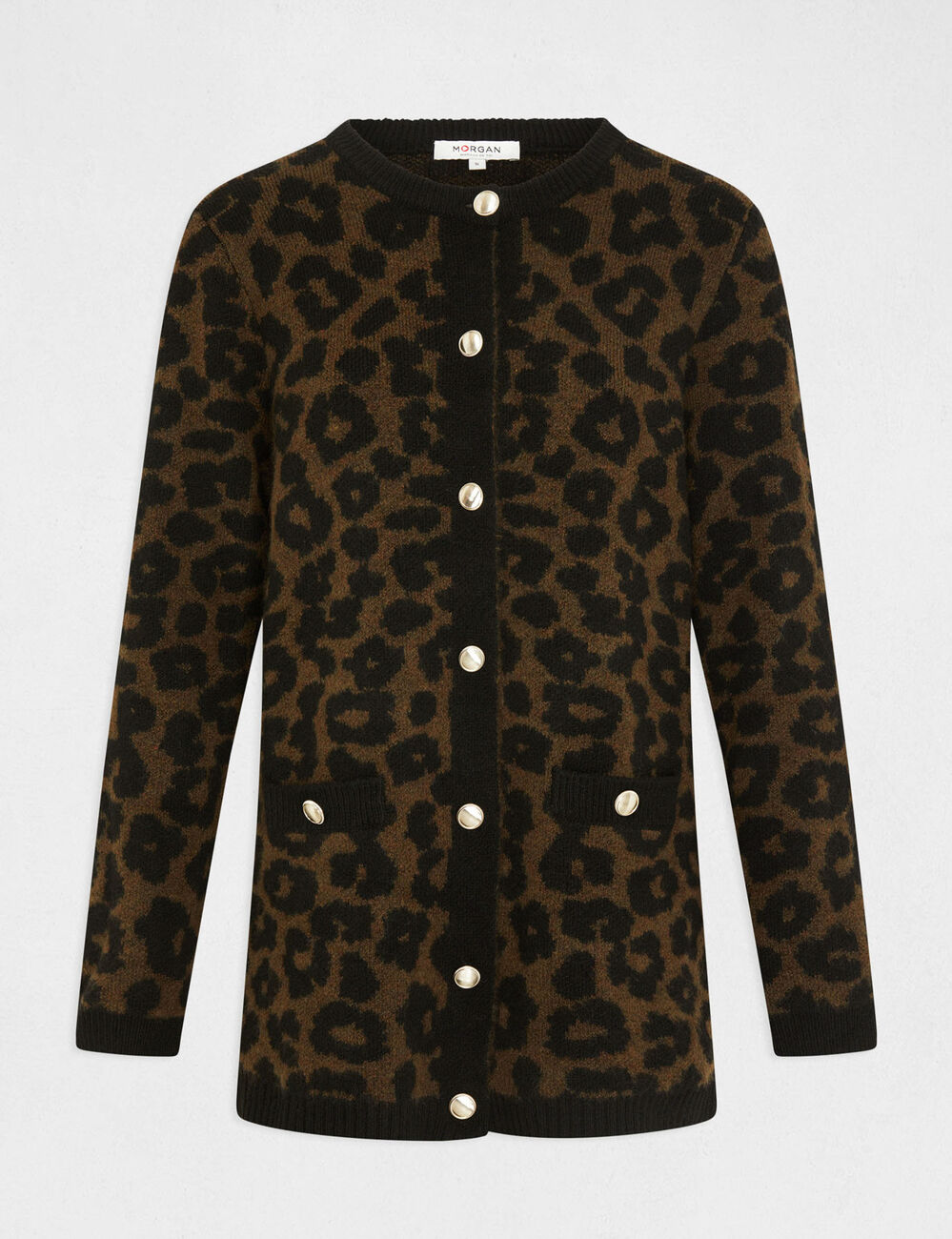 Gilet mi-long imprim&eacute; l&eacute;opard noir femme