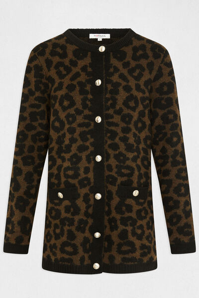 Gilet mi-long imprimé léopard noir femme