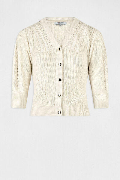 Gilet manches 3/4 avec détails torsades beige femme
