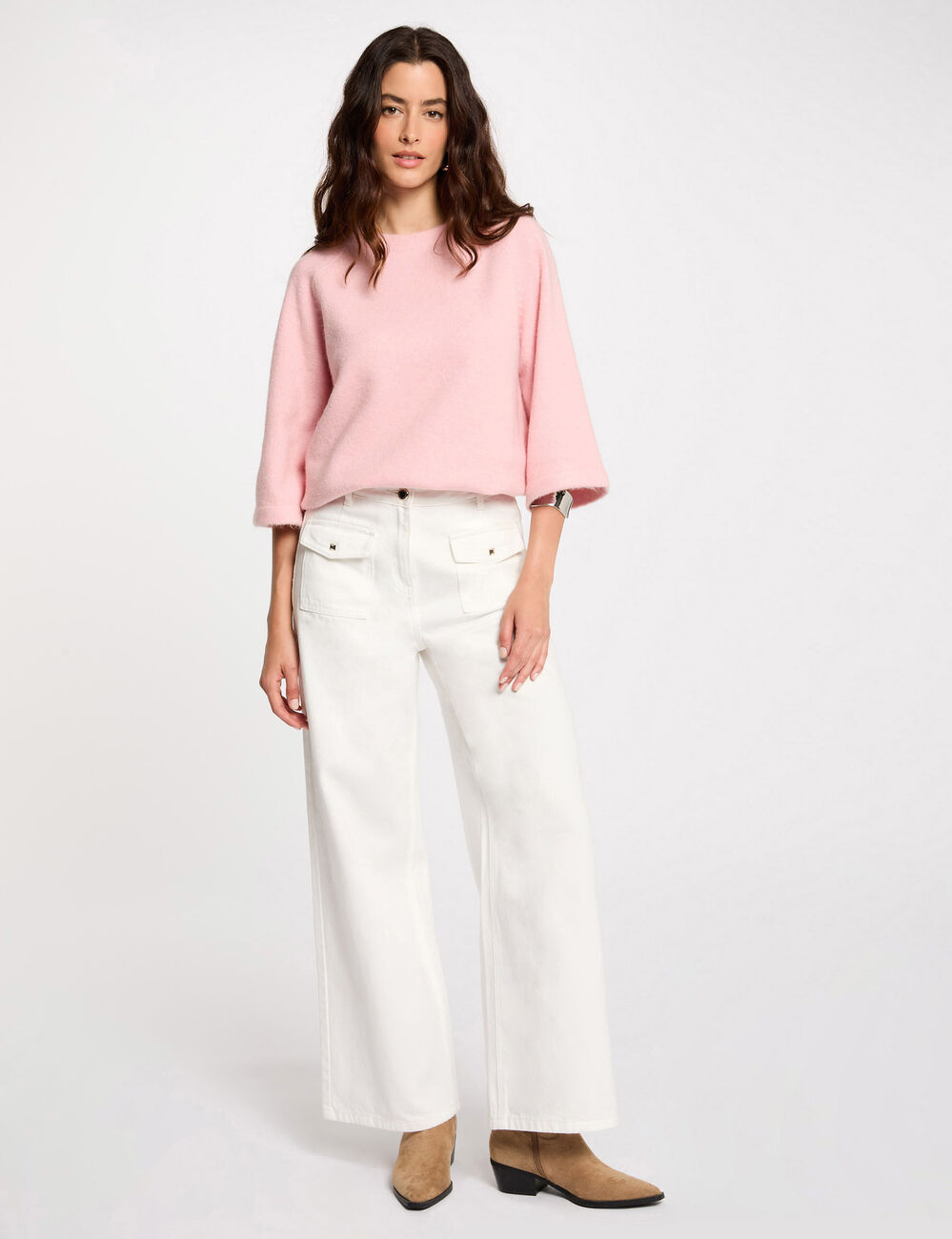 Pull manches 3/4 oversize rose poudr&eacute;e femme