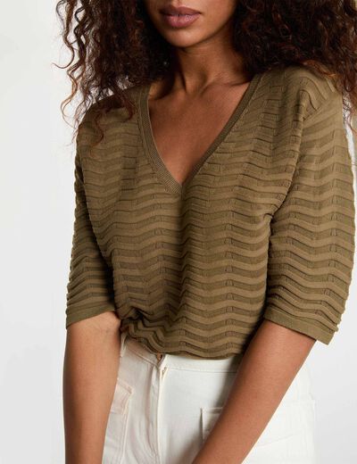 Pull col v manches 3/4 vert kaki femme