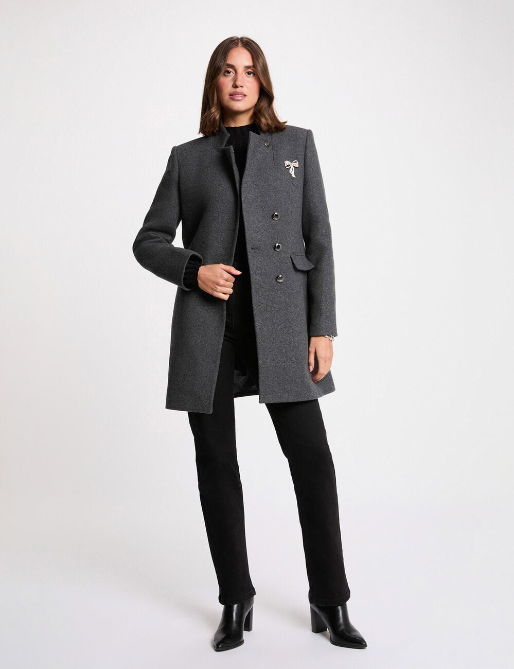 Manteau cintr&eacute; bouclette gris fonc&eacute; femme