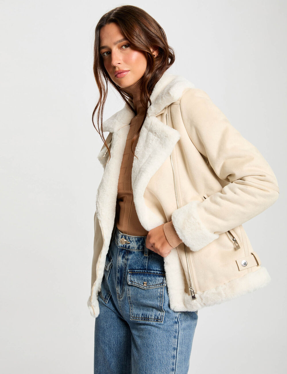 Blouson zipp&eacute; su&eacute;dine ivoire femme