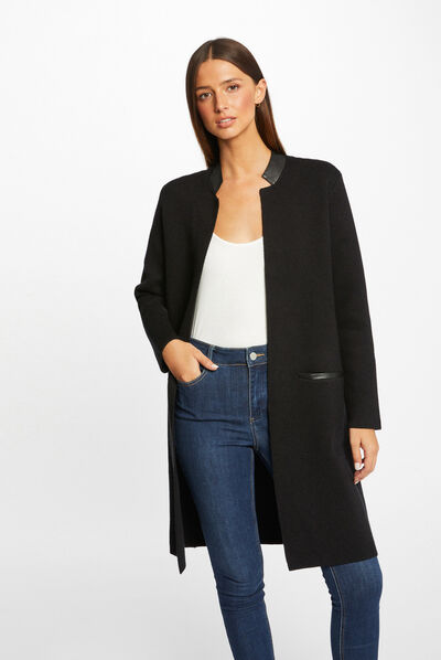 Gilet long droit détails simili cuir noir femme