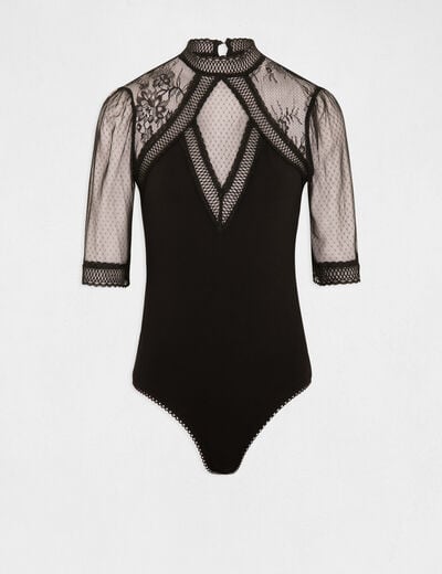 Body manches 3/4 &agrave; dentelle noir femme