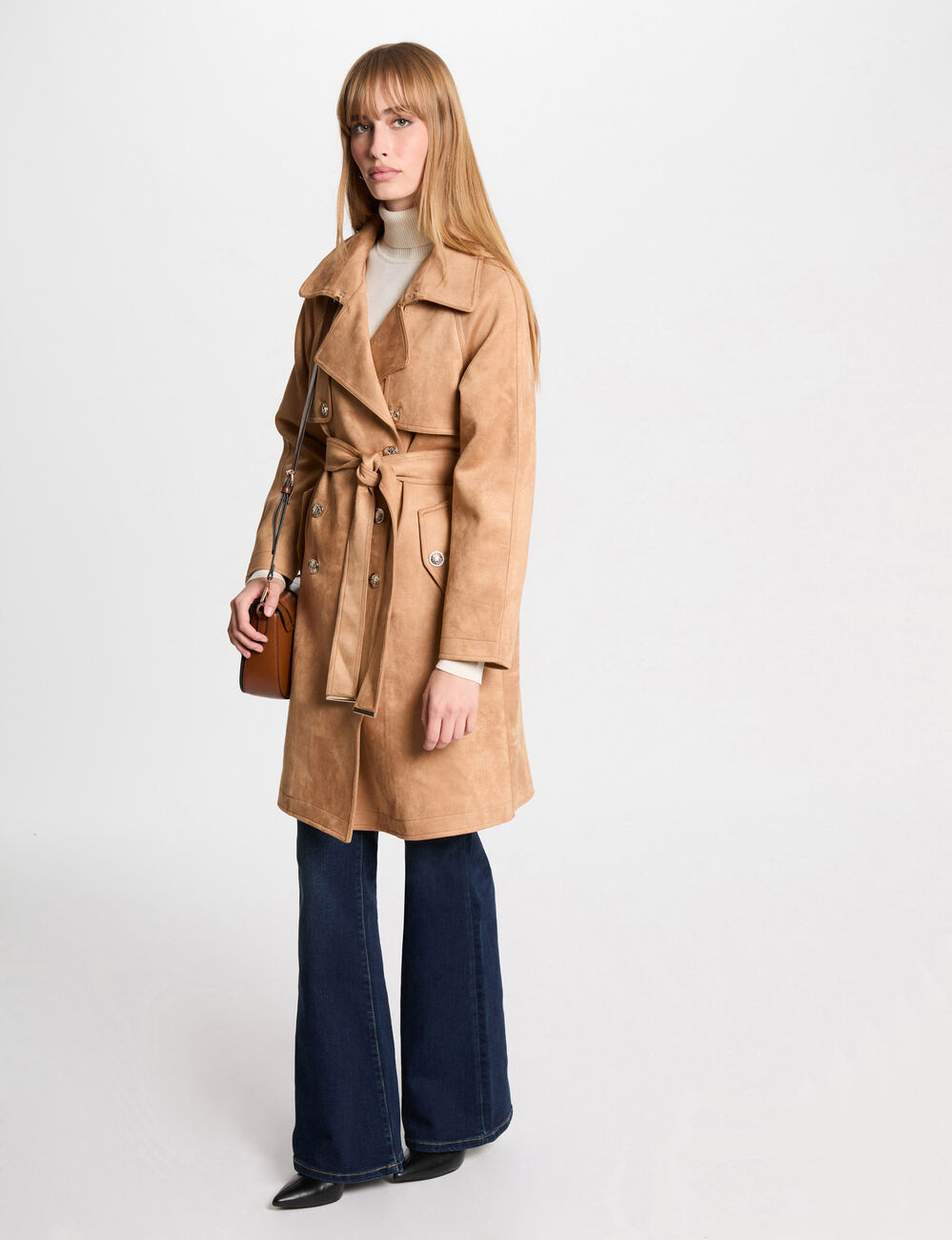 Trench long suédine marron clair femme
