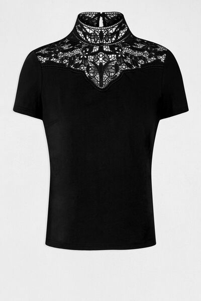 T-shirt manches courtes à dentelle noir femme