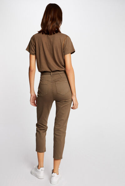 Jeans slim taille haute ceinturé 7/8ème vert kaki femme