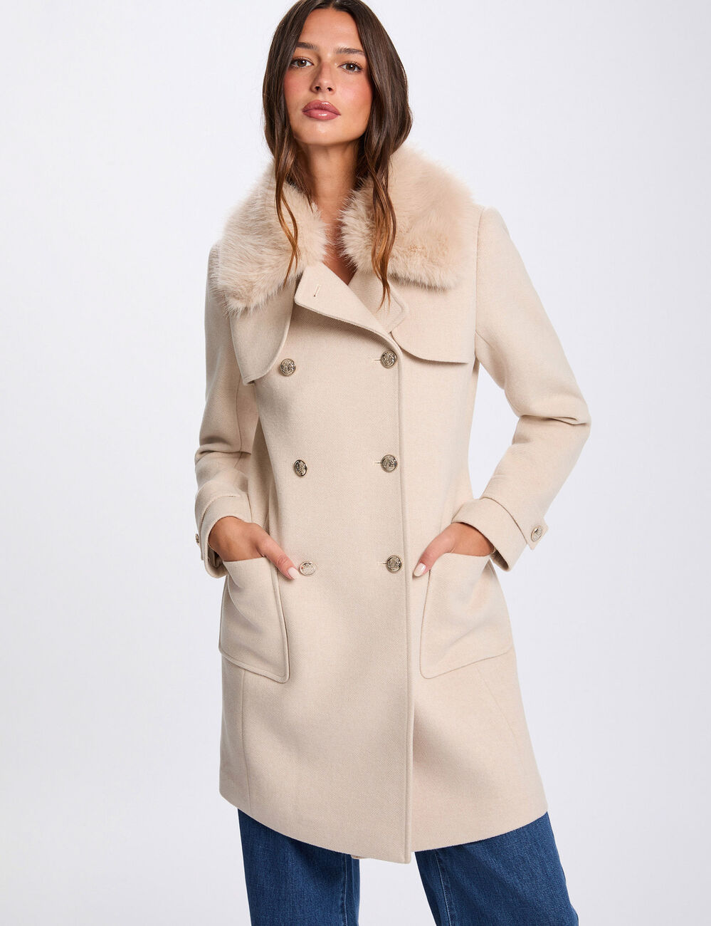Manteau droit col fourrure beige femme