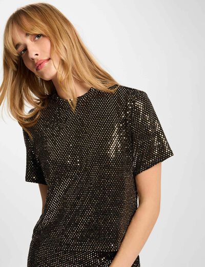 T-shirt sequins col montant jaune or femme