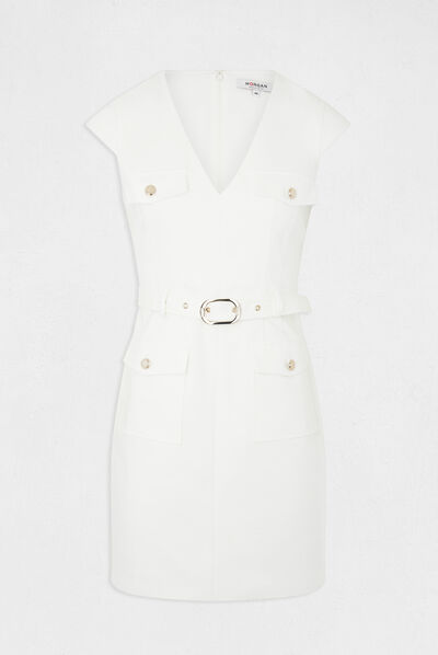 Robe ajustée ceinturée avec col en V ecru femme