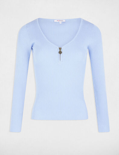 pull manches longues cotele detail zippe bleu ciel femme Pull manches longues côtelé détail zippé bleu ciel femme