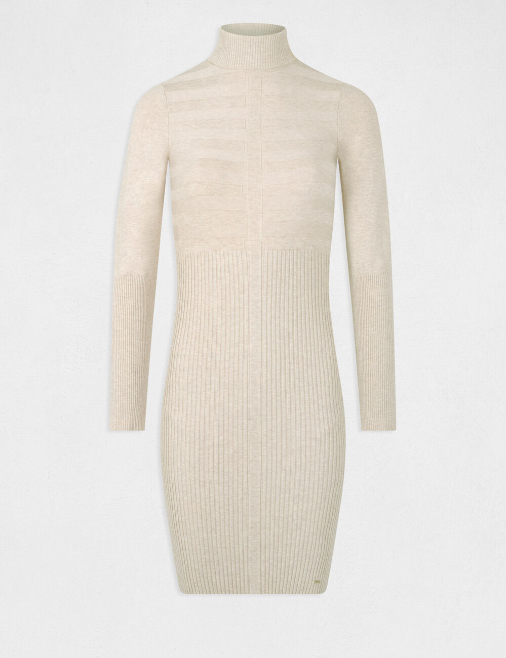 Robe ajust&eacute;e col roul&eacute; fine maille sable femme