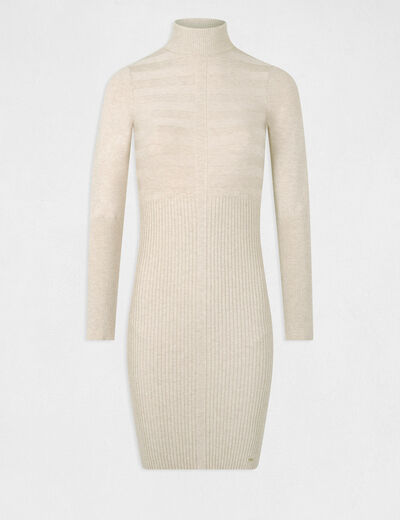 Robe ajust&eacute;e col roul&eacute; fine maille sable femme