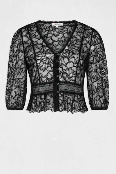 T-shirt manches 3/4 en dentelle noir femme