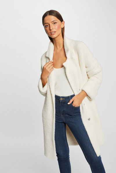 Gilet long droit maille duveteuse ivoire femme
