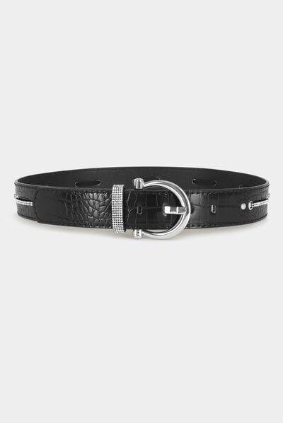 Ceinture aspect croco avec strass noir femme