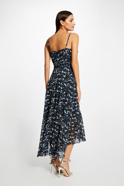 Robe longue évasée imprimé abstrait bleu femme