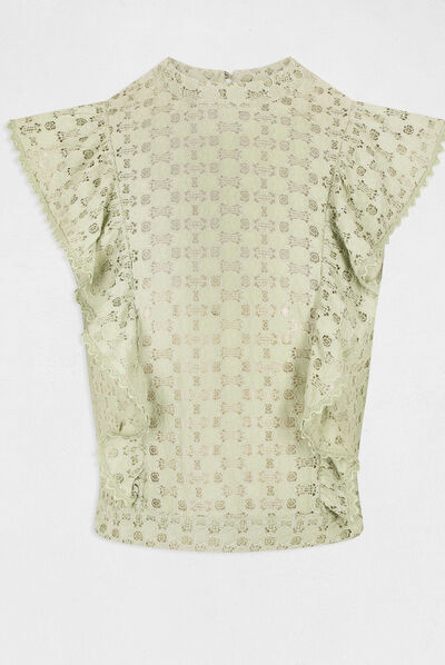 T-shirt manches courtes en dentelle vert clair femme