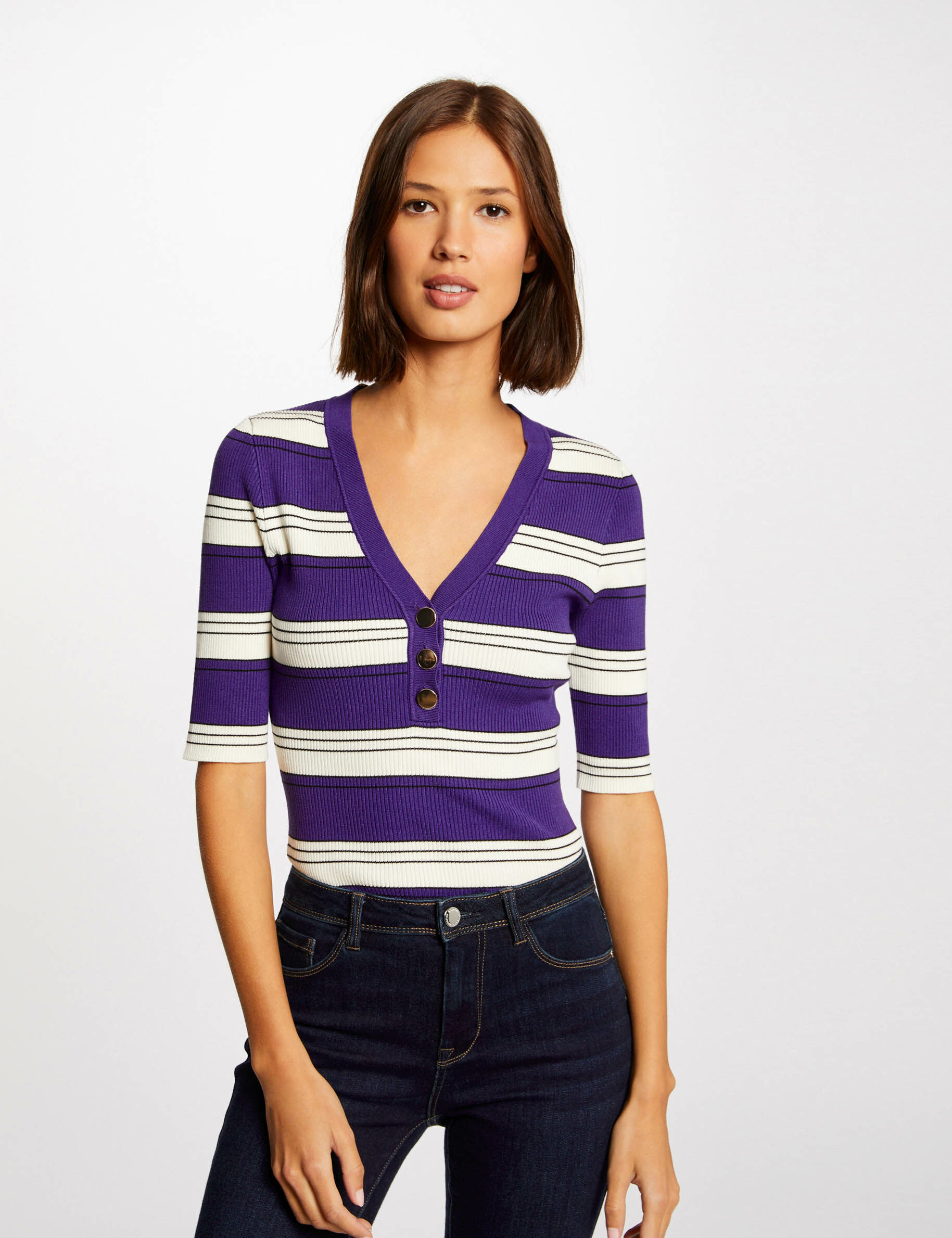 Pull manches courtes à rayures violet femme Pull manches courtes à rayures violet femme