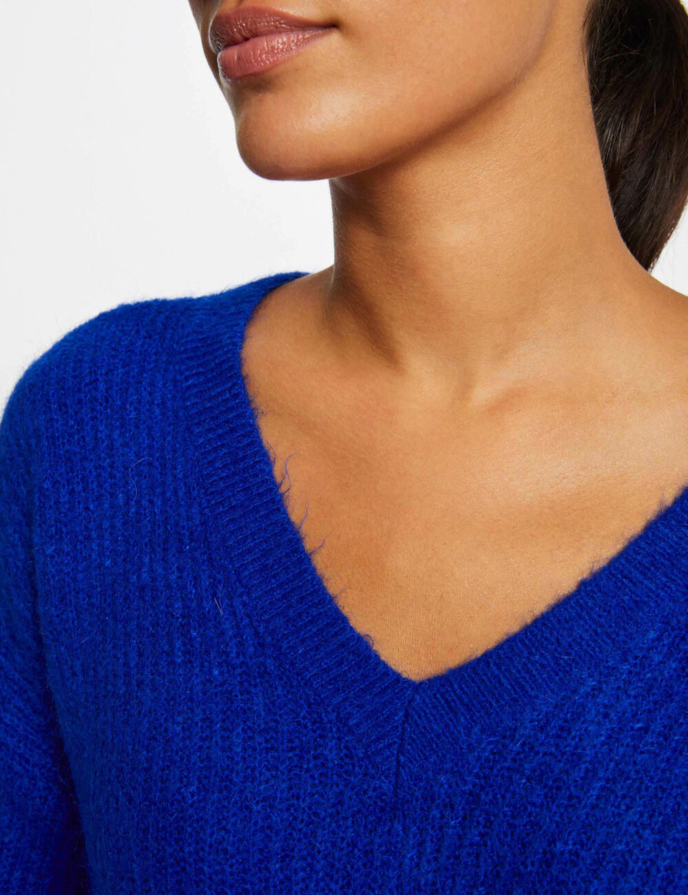 Pull manches longues &agrave; col en V bleu electrique femme