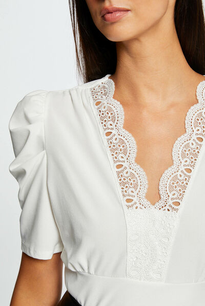 T-shirt manches courtes à dentelle ecru femme