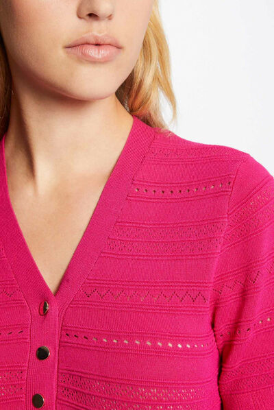 Pull manches courtes détails ajourés rose fonce femme
