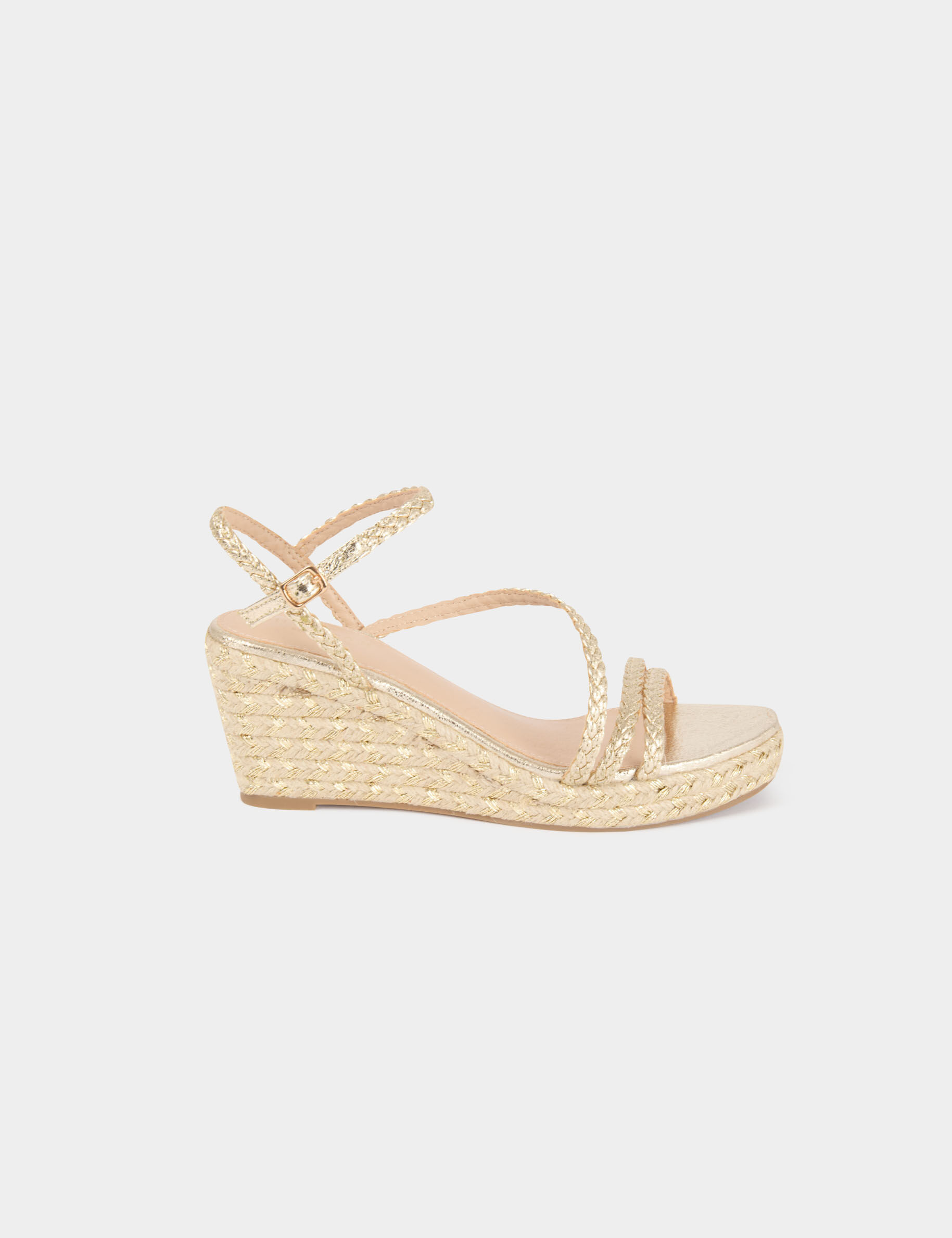 Sandale compensée tressée jaune or femme