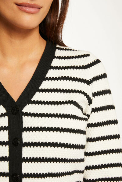 Gilet boutonné col en V à rayures ecru femme