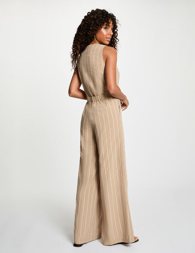 Combinaison ray&eacute;e col v taupe femme