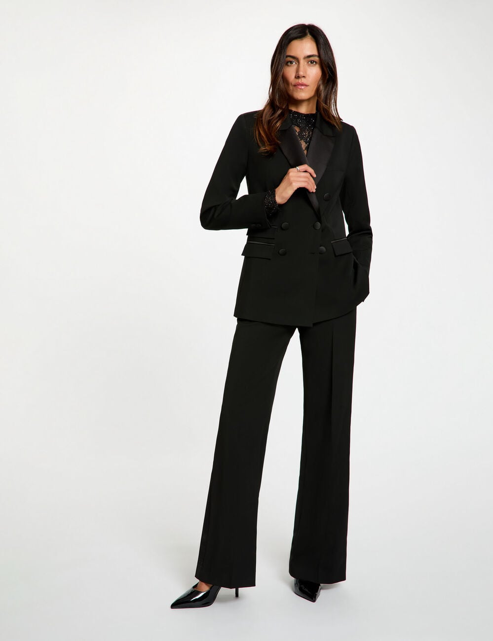 Veste satin col tailleur noir femme