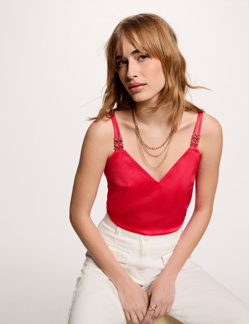 Top satin &agrave; bretelles rouge corail femme
