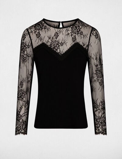 T-shirt dentelle col rond noir femme