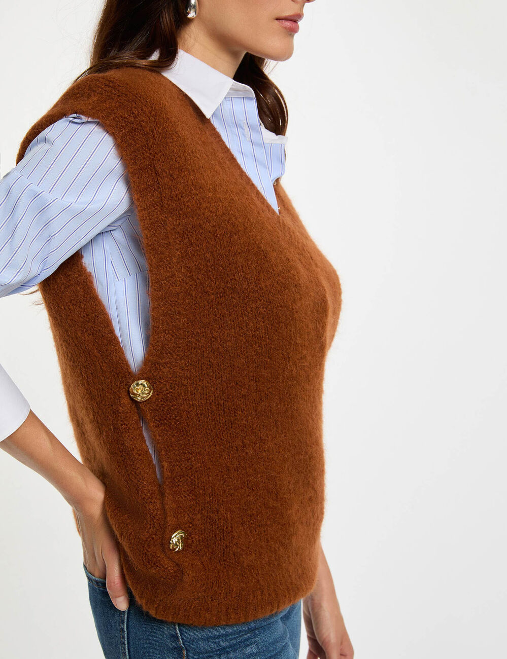 Gros Pull Marron à Motifs Fleurs Et Feuilles - Manches Longues Taille L Automne/Hiver