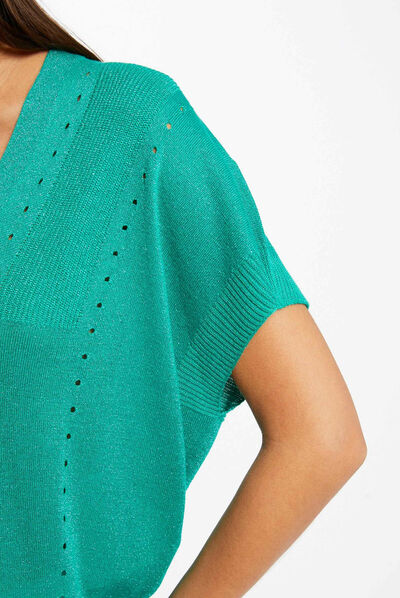 Pull manches courtes à col en V vert clair femme
