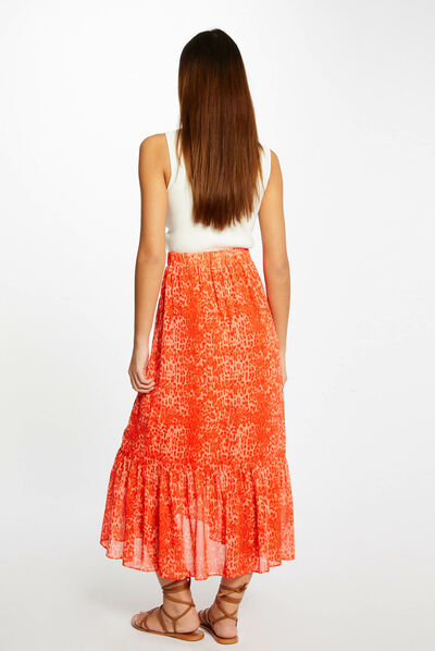 Jupe longue portefeuille imprimé léopard orange femme