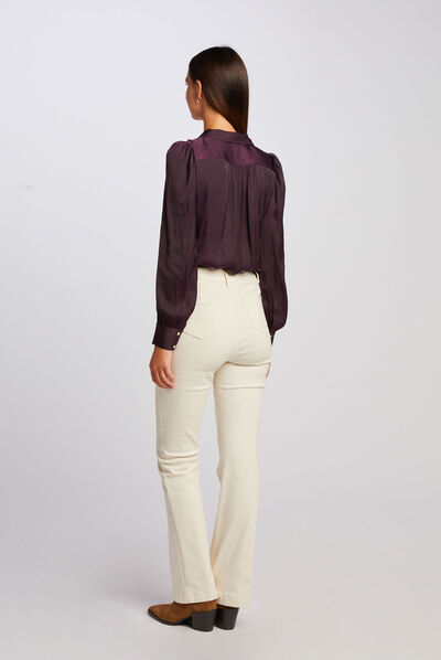 Chemise manches longues satin prune femme
