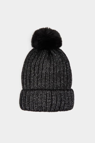 Bonnet avec pompon et fils métallisés noir femme