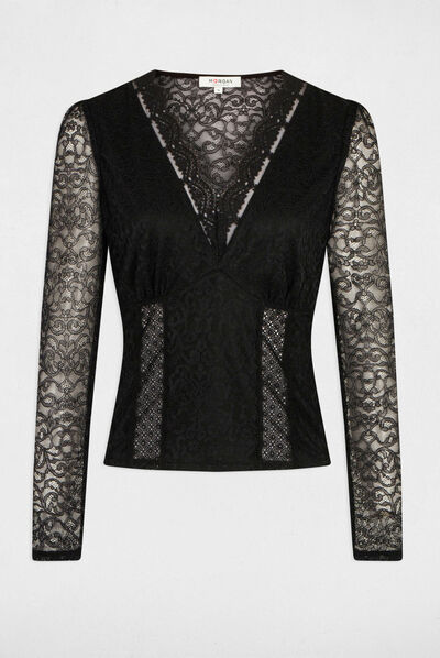 T-shirt manches longues avec dentelle noir femme