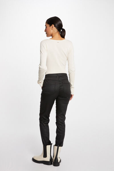 Pantalon slim enduit à pont noir femme