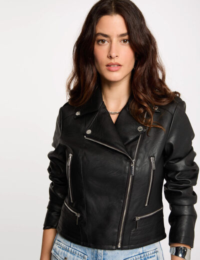 Blouson cintr&eacute; similicuir noir femme