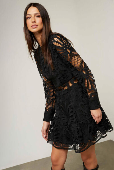 Robe trapèze en dentelle à volants noir femme
