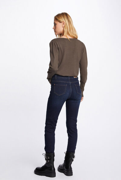 Pull manches longues avec col en V vert kaki femme