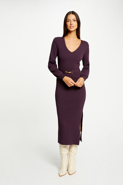 Robe pull longue ajustée à ornement prune femme