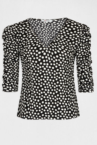 T-shirt manches 3/4 imprimé à pois noir femme