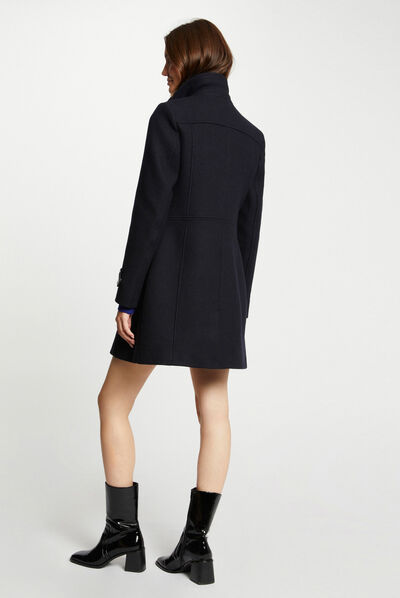 Manteau droit détails simili cuir marine femme