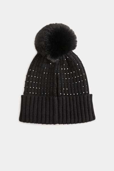 Bonnet avec strass et pompon noir femme